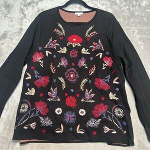 J Jill Floral Embroidered Crewneck Sweater Women’s XL Black Soft